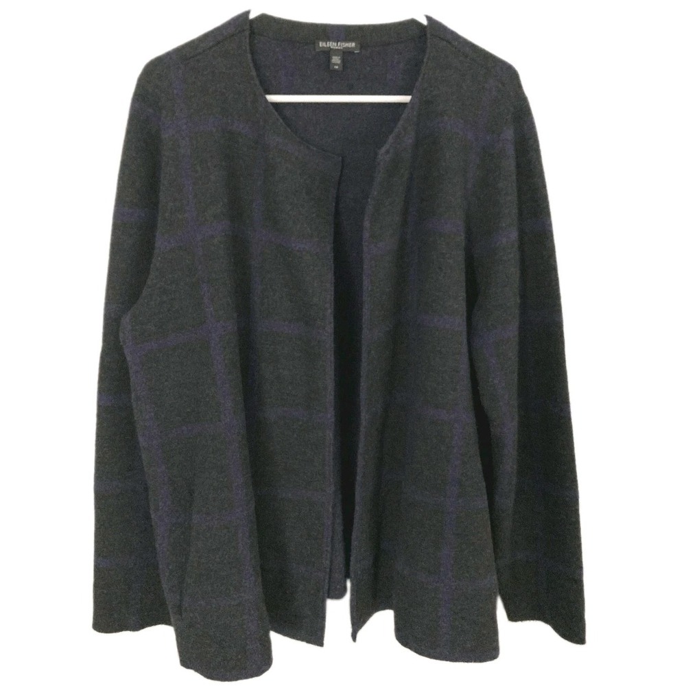 Eileen Fisher Cardigan Sweater Women 1X Gray/Purple Windowpane Merino Wool Open